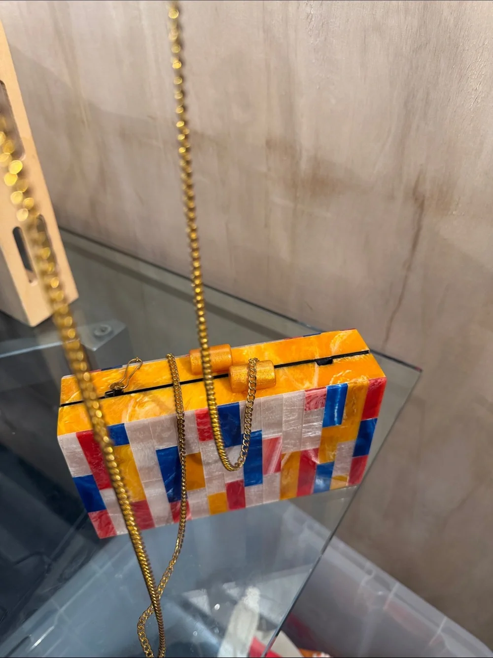 Multicolor Mosaic Acrylic Box Clutch - Yellow, Blue & Red